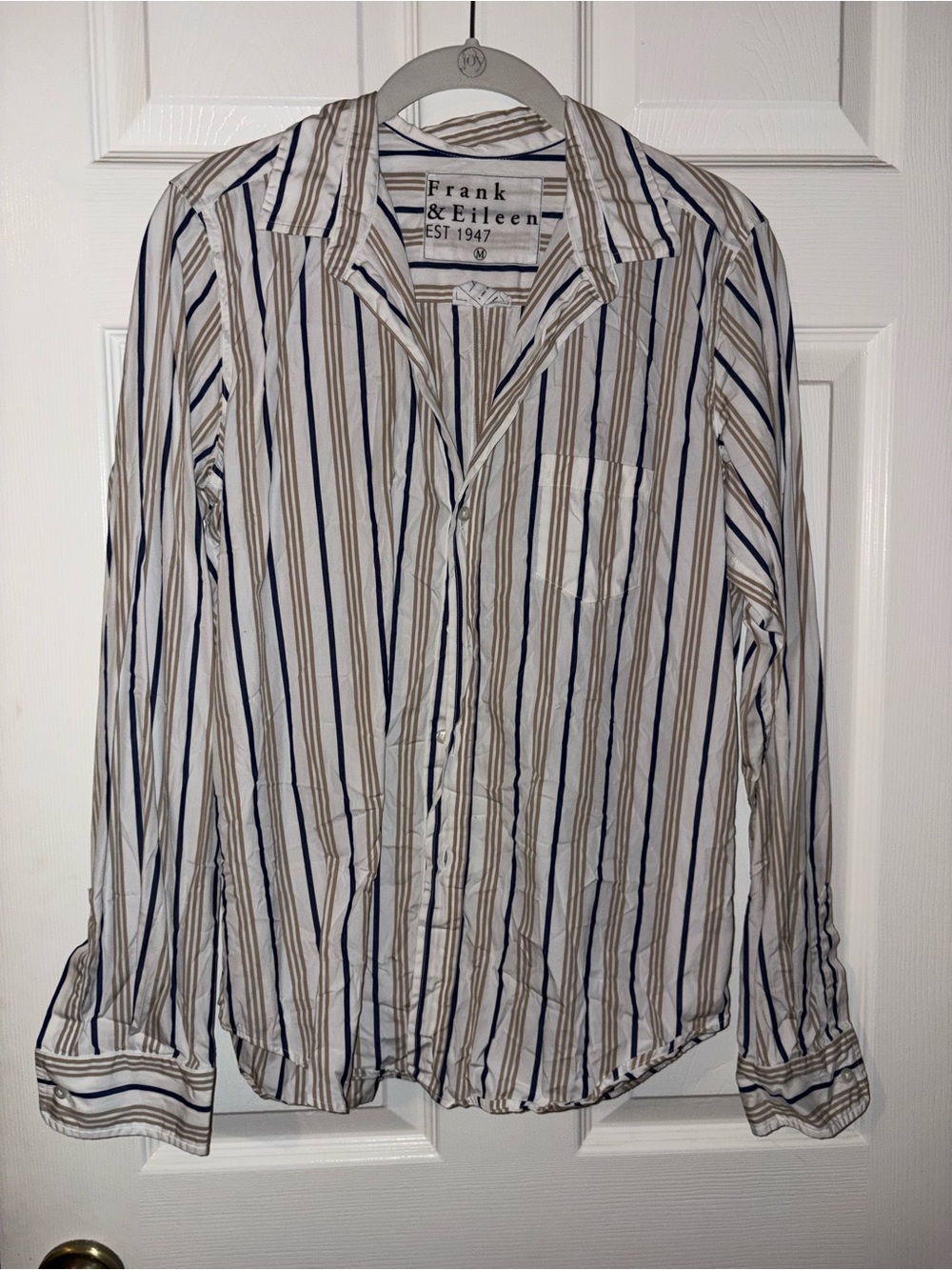 Frank & Eileen White Button-Down Shirt with Blue and Brown Stripes